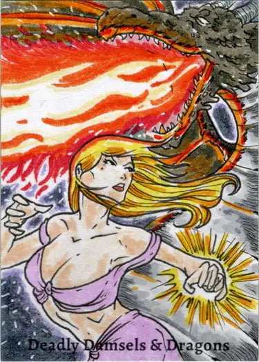 Stylized illustration of a blonde woman and a dragon from Limuel Pinzon sketch card