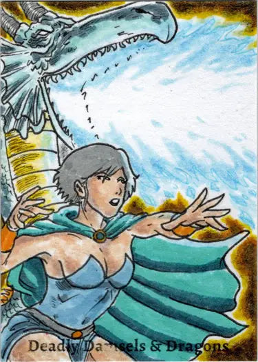 Illustration of a woman in blue casting water spell by dragon skeleton on Limuel Pinzon sketch card