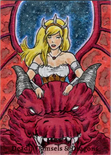 Blonde woman with horns on red dragon in Limuel Pinzon sketch card art