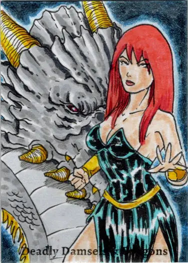 Stylized illustration of a woman with red hair in a dress from Limuel Pinzon Sketch Card