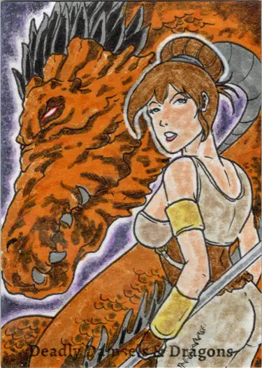 Stylized illustration of a woman and dragon in vibrant hues for Deadly Damsels Sketch Card