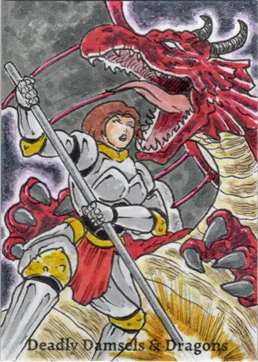 Knight in armor facing a fierce red dragon on Limuel Pinzon sketch card trading card