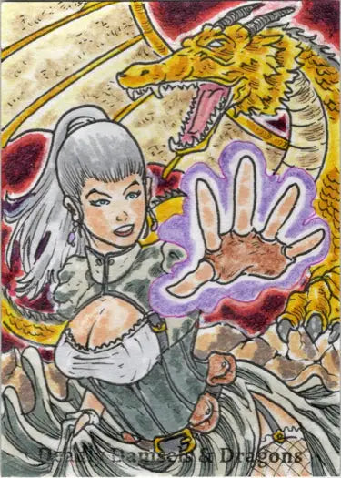 Colorful sketch card illustration of a woman casting a spell with a yellow dragon by Limuel Pinzon