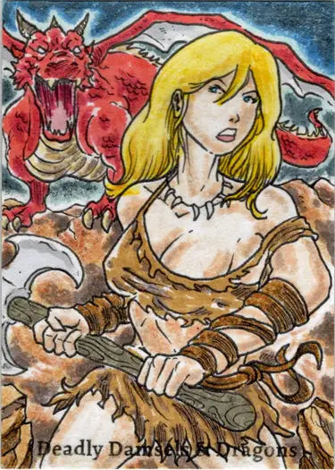 Blonde woman in primitive clothing with weapon and red dragon on Limuel Pinzon sketch card