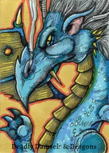 Colorful Blue Dragon illustration on Deadly Damsels & Dragons sketch card by Michael Mastermaker