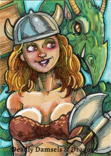 Cartoon-style sketch card of a blonde woman in Viking helmet by Michael Mastermaker