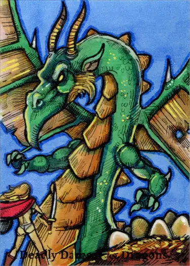Colorful sketch card of a green dragon by Michael Mastermaker from Deadly Damsels & Dragons