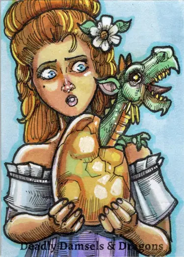 Stylized sketch card by Michael Mastermaker featuring a woman and a dragon from a pear