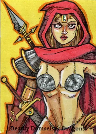Female warrior in red hood and metallic armor on Michael Mastermaker sketch card