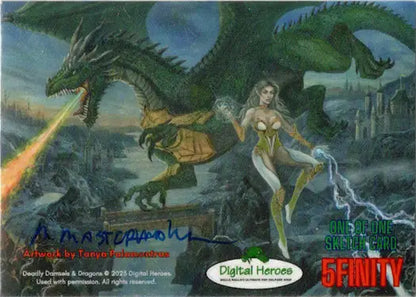 Fantasy sketch card of a woman in gold with fire-breathing dragons by Michael Mastermaker