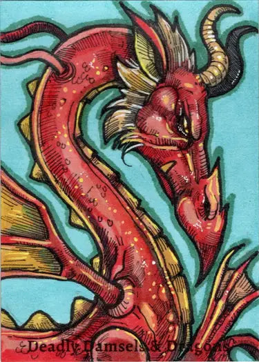Vibrant red dragon with golden accents on Michael Mastermaker sketch card trading cards