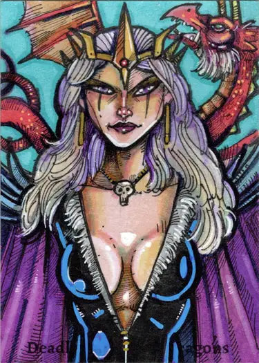 Fantasy warrior woman with dragons in Deadly Damsels & Dragons Michael Mastermaker sketch card