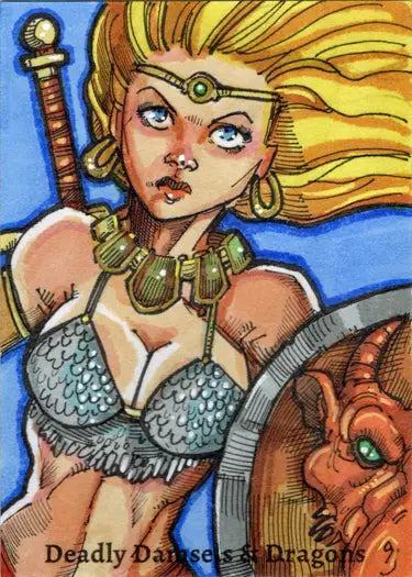 Fantasy sketch card featuring a blonde woman with a dragon’s head by Michael Mastermaker