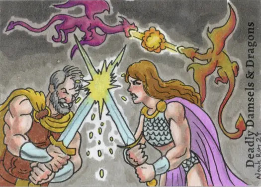 Fantasy battle scene of warriors and magical creatures on Noah Ray sketch card