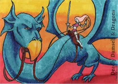 Blue dragon-like creature with rider wielding sword on Noah Ray sketch card