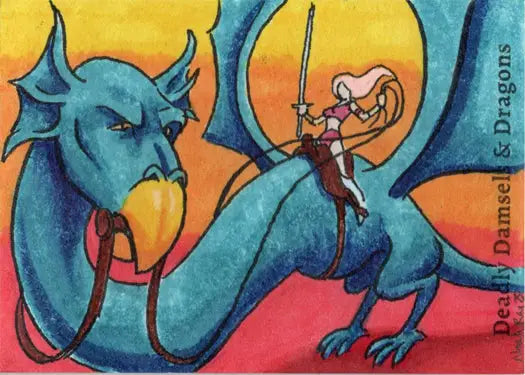 Blue dragon-like creature with rider wielding sword on Noah Ray sketch card