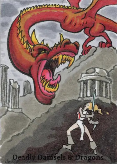 Fierce red dragon roaring in Noah Ray’s Deadly Damsels & Dragons sketch card design