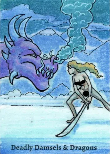 Purple dragon breathing green smoke at blonde skier in Noah Ray’s sketch card art