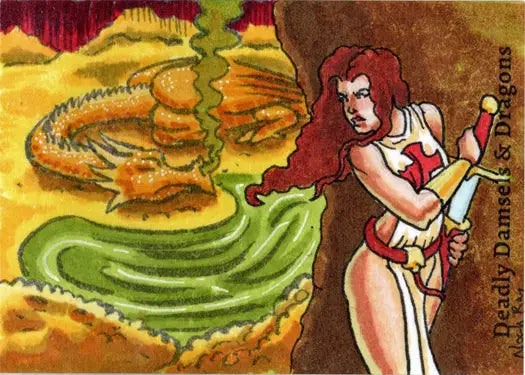 Fantasy illustration of a woman with red hair and a sword near a golden dragon on a sketch card