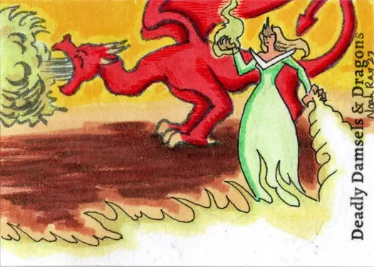 Cartoon sketch card of a red dragon with a green-robed figure by Noah Ray