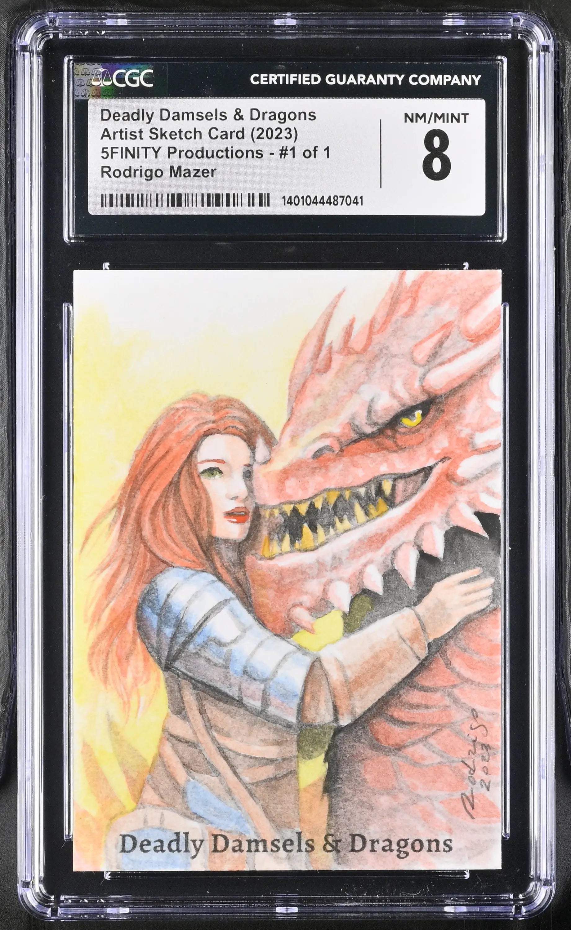 Graded sketch card of a woman with a red dragon by Rodrigo Mazer for Deadly Damsels