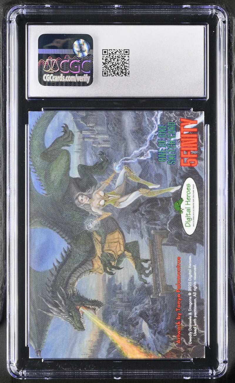 Trading card with dinosaur battle scene in case from Deadly Damsels by Rodrigo Mazer