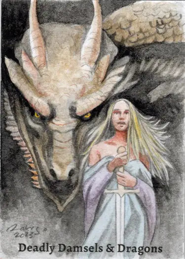 Dragon’s head with glowing eyes beside blonde woman in white robe, Rodrigo Mazer sketch card