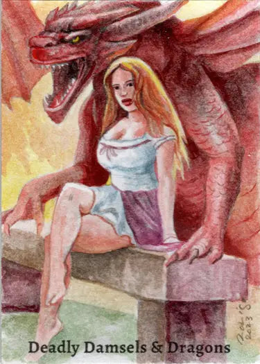 Red dragon behind blonde woman in white top and purple skirt sketch card by Rodrigo Mazer