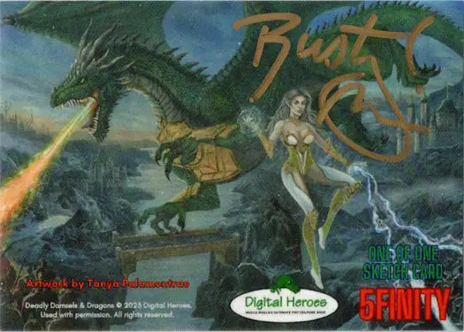 Fantasy sketch card by Rusty Gilligan featuring a dragon and a magical female figure