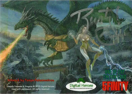 Fierce dragon and magical female in Fantasy illustration on Rusty Gilligan Sketch Card