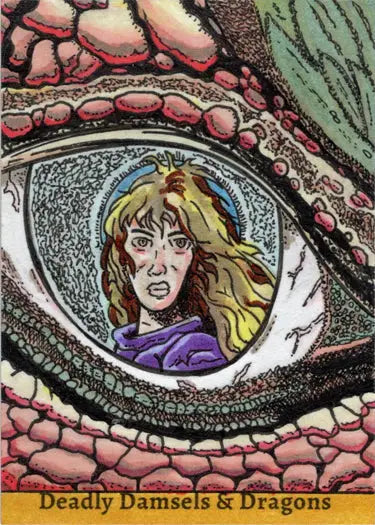Dragon’s eye reflecting a woman’s face on Deadly Damsels & Dragons sketch card by Rusty Gilligan