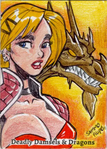 Cartoon illustration of a blonde woman and dragon in Sammo Filipo sketch card