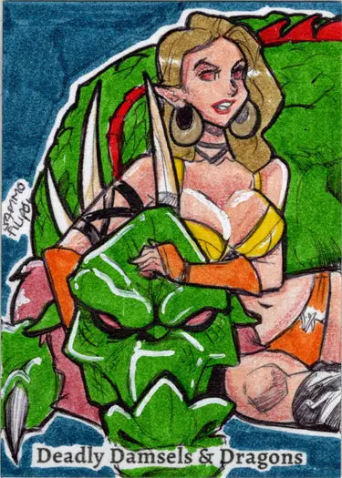 Stylized blonde elf woman with green dragon in Sammo Filipo sketch card design