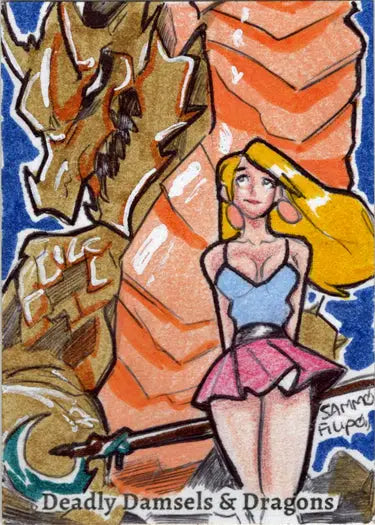 Stylized sketch card by Sammo Filipo featuring a blonde woman and a dragon