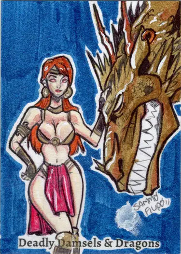 Cartoon sketch card of a scantily-clad woman beside a dragon by Sammo Filipo