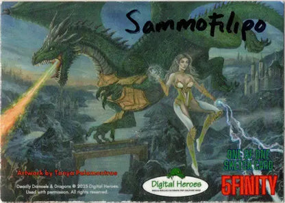 Fantasy illustration of a dragon and female figure on Sammo Filipo Sketch Card