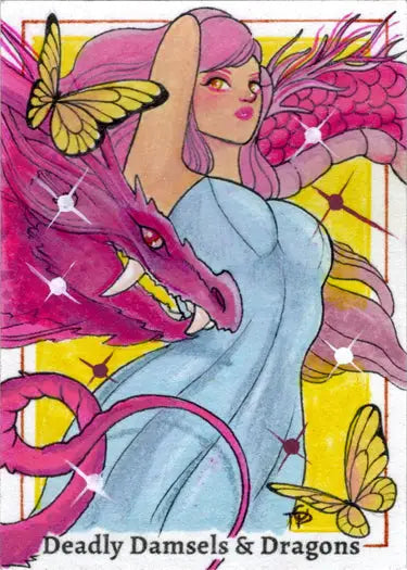 Colorful sketch card of a woman with purple hair, pink dragon, and yellow butterflies by Thais Campos