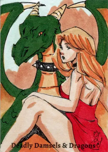 Illustration of a green dragon and a woman in red by Tiffany Peek on a sketch card
