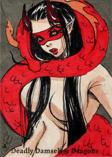 Stylized illustration of a woman in a red mask with a coiling red dragon, Tiffany Peek sketch card