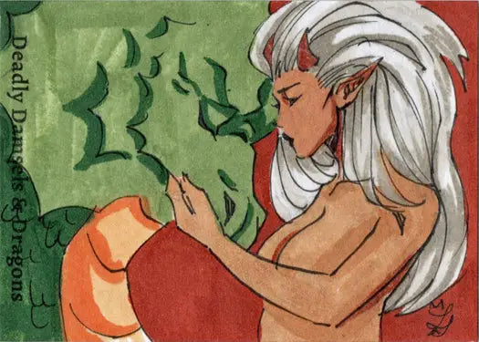 Animated character with long white hair holding glowing orb in Tiffany Peek Sketch Card