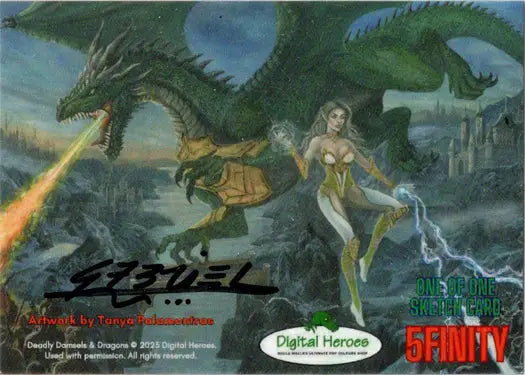 Fantasy illustration of a dragon and a female figure in Ulisses Gabriel sketch card