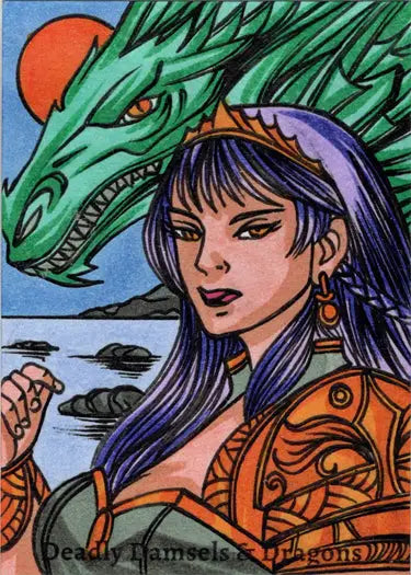 Colorful sketch card of a woman with purple hair and a green dragon by Ulisses Gabriel