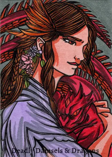 Colorful sketch card of a woman with long brown hair by Ulisses Gabriel for trading cards