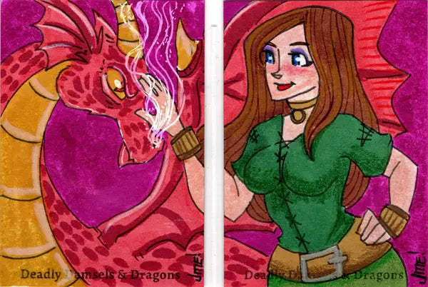 Cartoon two panel sketch of a red dragon and a woman in green clothing, Jme Foronda