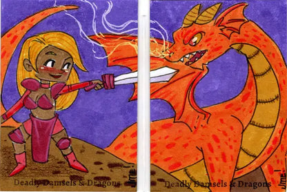 Cartoon illustration of a young adventurer facing a dragon from a two panel sketch card