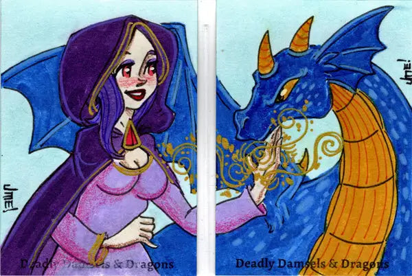 Cartoon woman and dragon in a two panel sketch for Deadly Damsels & Dragons 2023