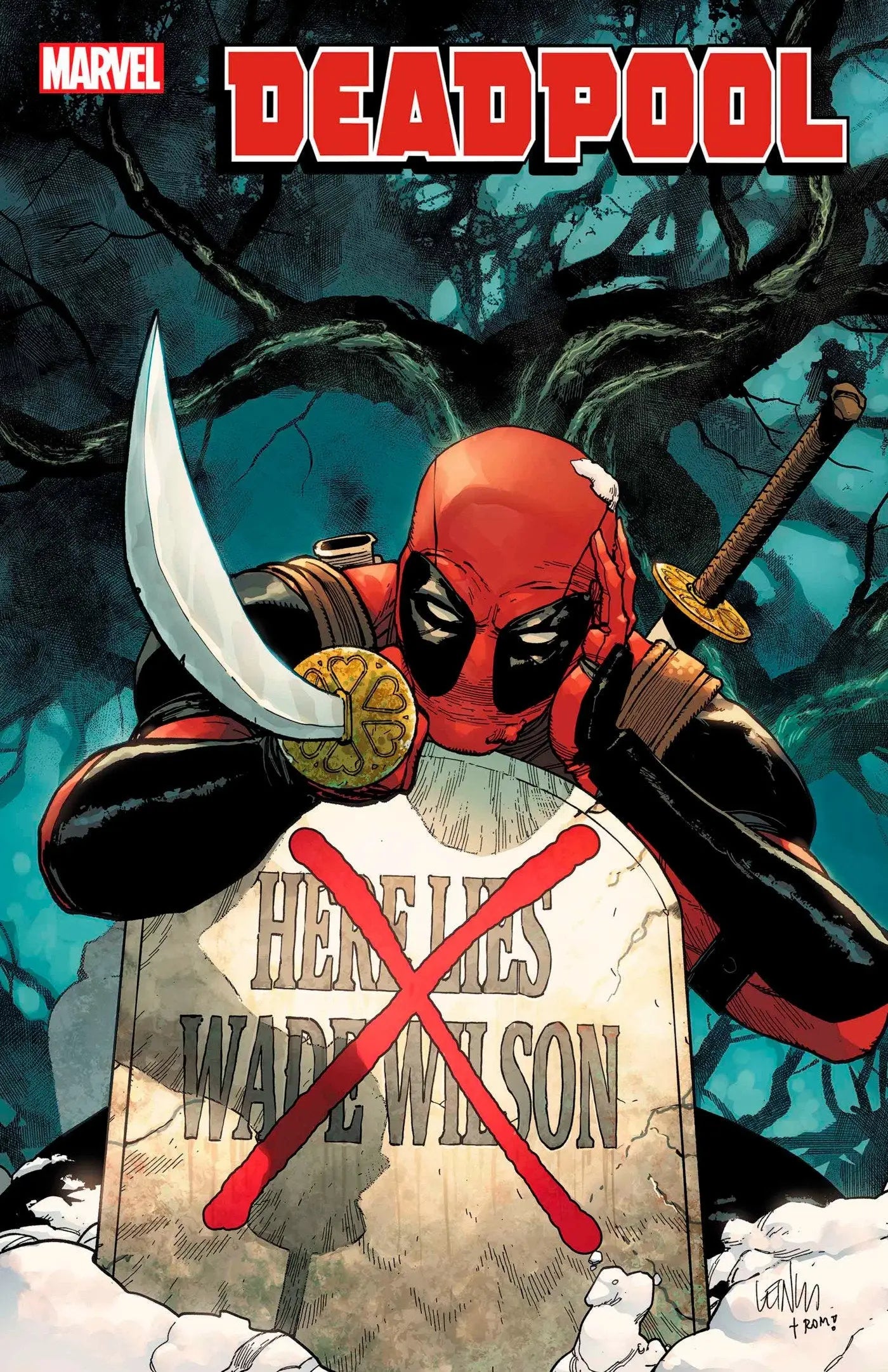 Deadpool resting on a tombstone in Leinil Yu Variant comic book cover