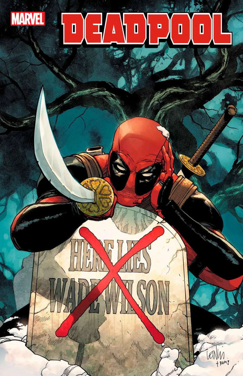 Deadpool resting on a tombstone in Leinil Yu Variant comic book cover