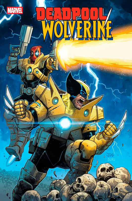 Comic book cover featuring Deadpool and Wolverine in armored suits for Deadpool/Wolverine #5