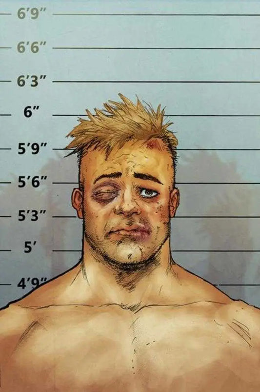 Mugshot of injured shirtless man for Richard Pace Deadweights variant trading card